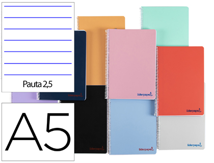 Cuaderno espiral Liderpapel Wonder A5 tapa plástico 80h 90g pauta 2,5mm. colores surtidos